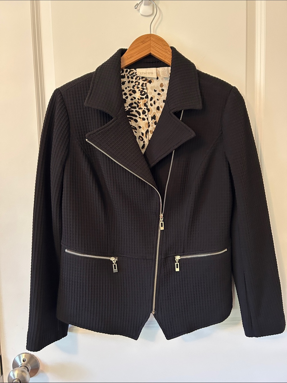 Chico's Black Asymmetric Zip Waffle-Textured Moto ‘Mob Wife’ Jacket